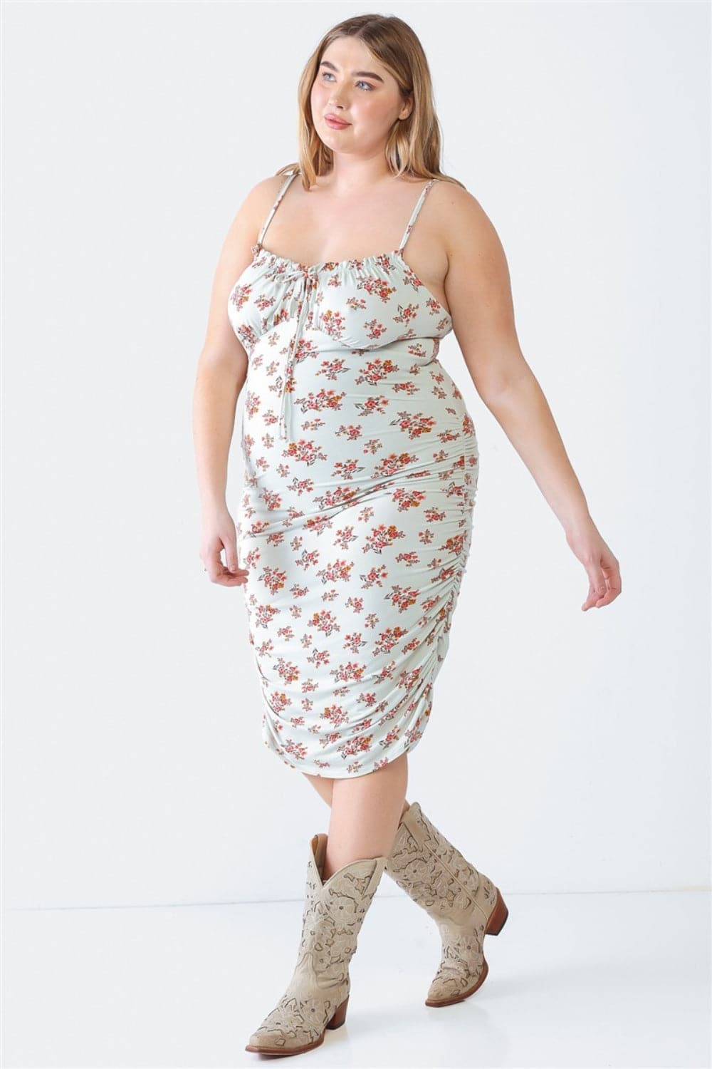 Blue Leopard Plus Size Ruched Floral Square Neck Cami Dress.