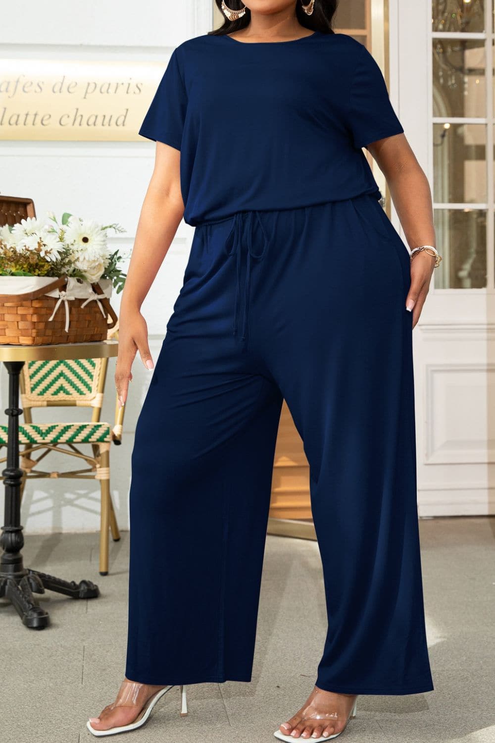 Plus Size Drawstring Waist Short Sleeve Jumpsuit.