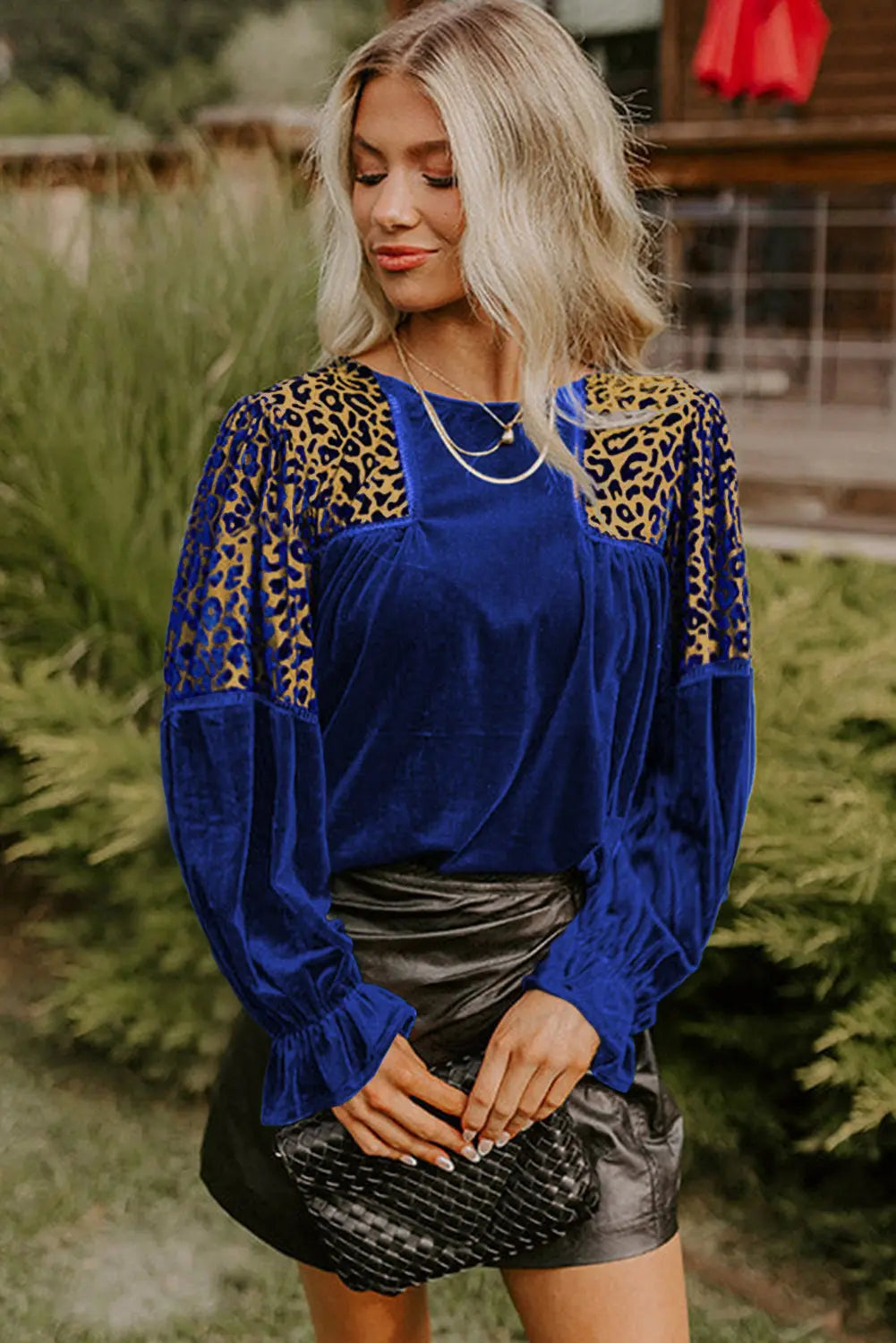 Sky Blue Leopard Patchwork Velvet Blouse with Flounce Sleeve Dear-Lover Dropshipping