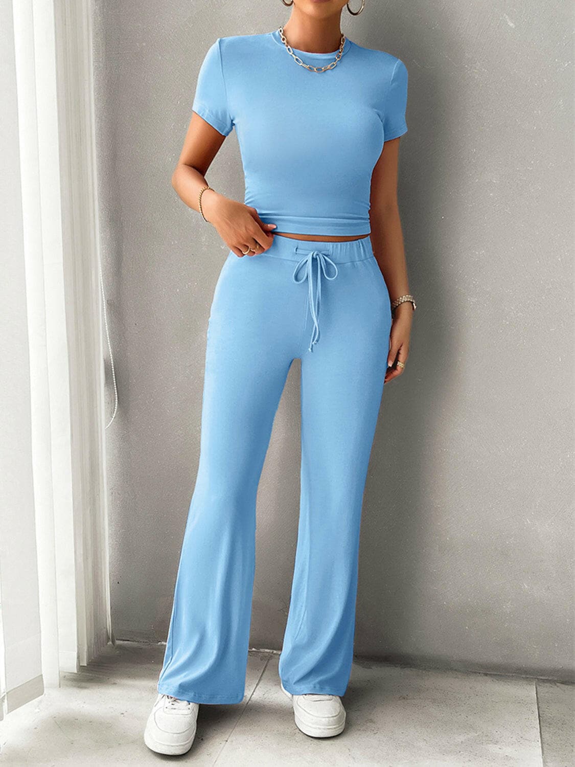 Round Neck Short Sleeve Top and Pants Set.