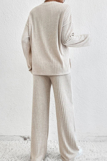 Ribbed Half Button Knit Top and Pants Set.