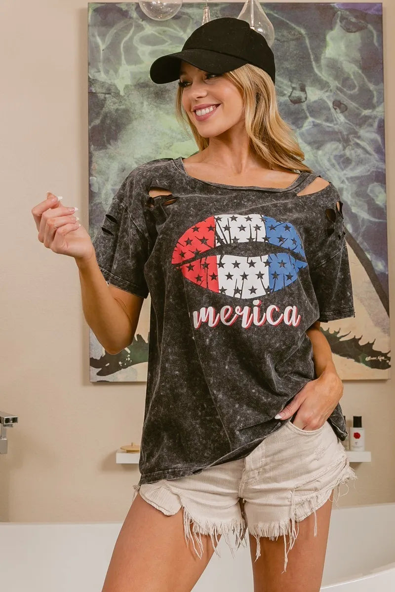 BiBi Laser Cut Mineral Washed Old Glory Lip Print Top - Love Salve 