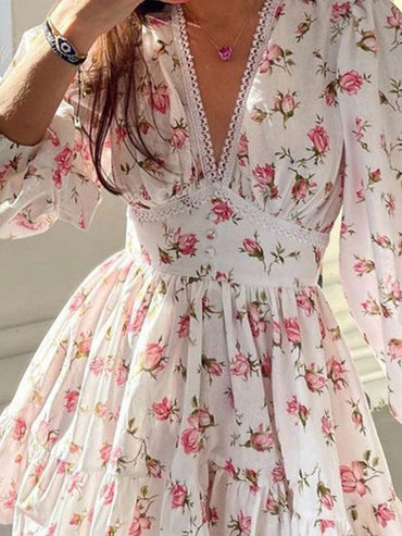 Whimsical Bloom V-Neck Lace Mini Dress