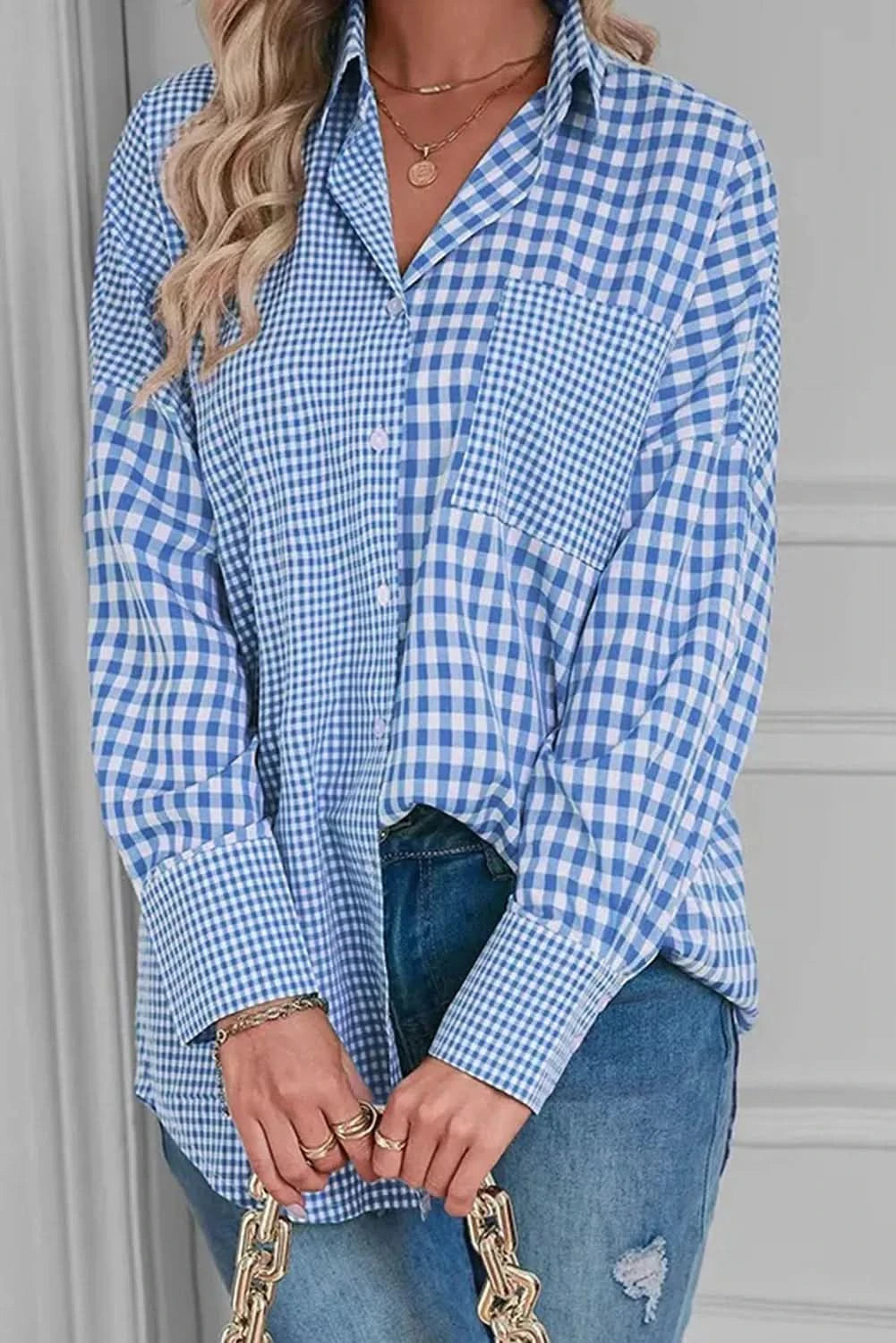 Plaid pocketed long sleeve collared shirt with a touch of stretch