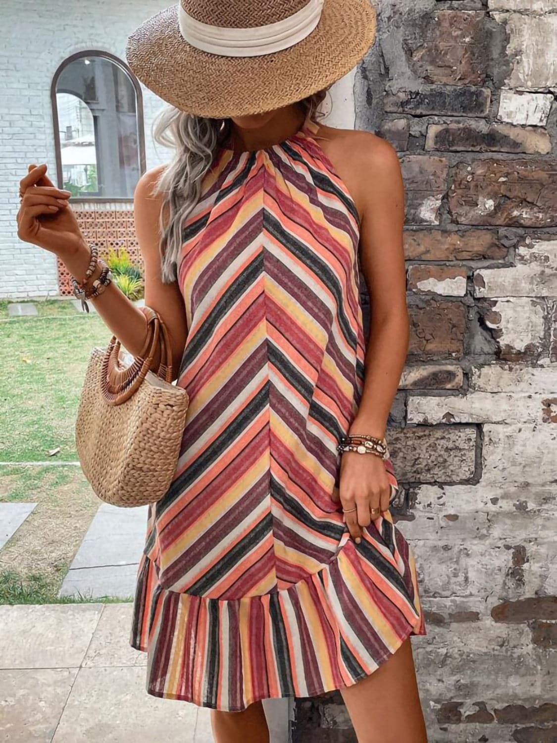 Striped Grecian Neck Dress.