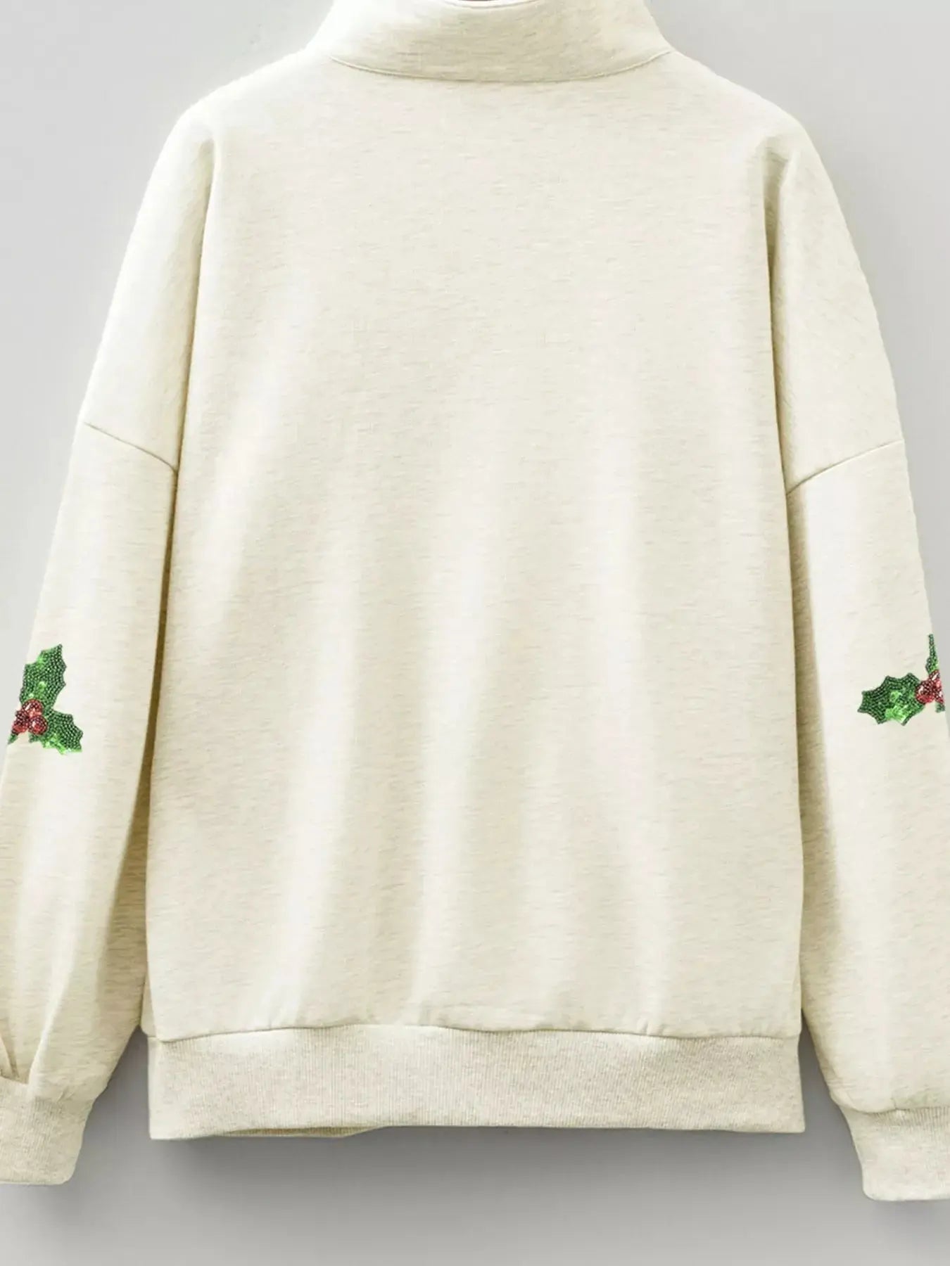 Sequin Santa Christmas Holly Patched Striped Trim Zip V Neck Sweatshirt Simply Love
