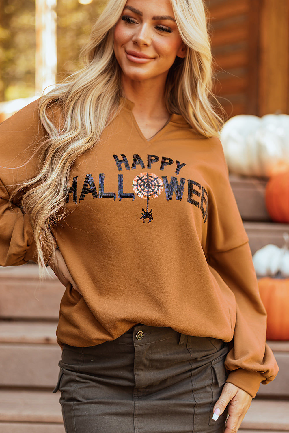 Chic chestnut Halloween top with sequin graphic and long sleeves