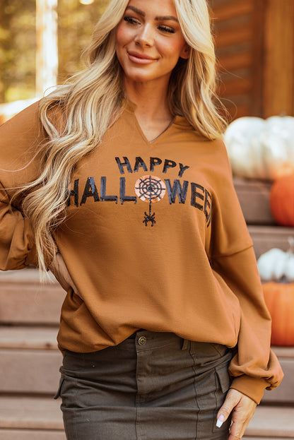 Chic chestnut Halloween top with sequin graphic and long sleeves