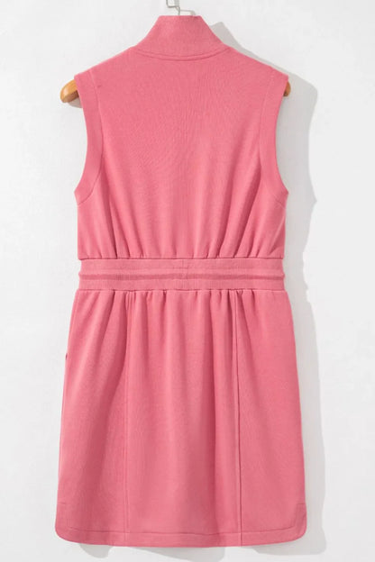 French Terry Zipped Collar Sleeveless Drawstring Waist Mini Dress