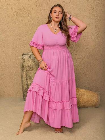 Pink Ruffle Charm Smocked Maxi Dress – Plus Size