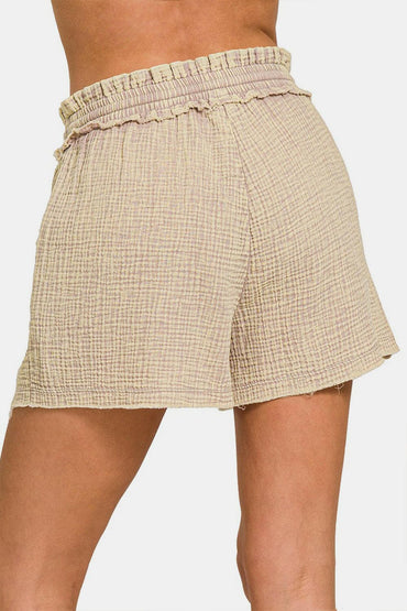 Zenana Washed Frayed Hem Drawstring Shorts.