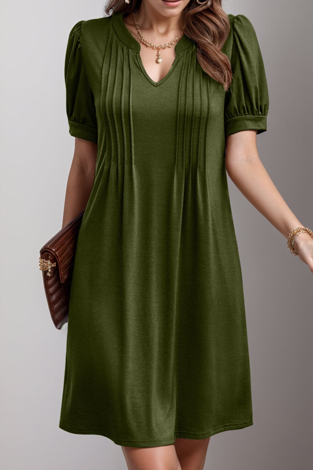 Pin-Tuck Notched Short Sleeve Dress.