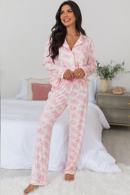 Charming pink floral pajama set with long sleeves and matching pants