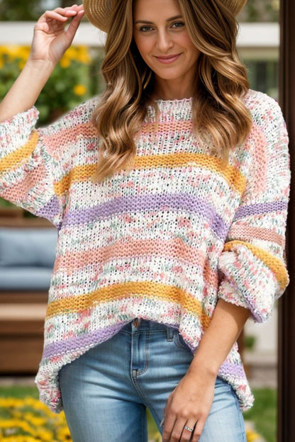 Contrast Stripes Round Neck Long Sleeve Sweater.