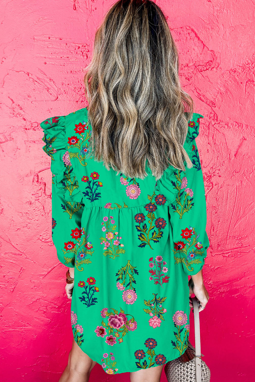 Premium Green Floral Ruffled Three Quarter Sleeve Buttoned Dress Dear-Lover Dropshipping