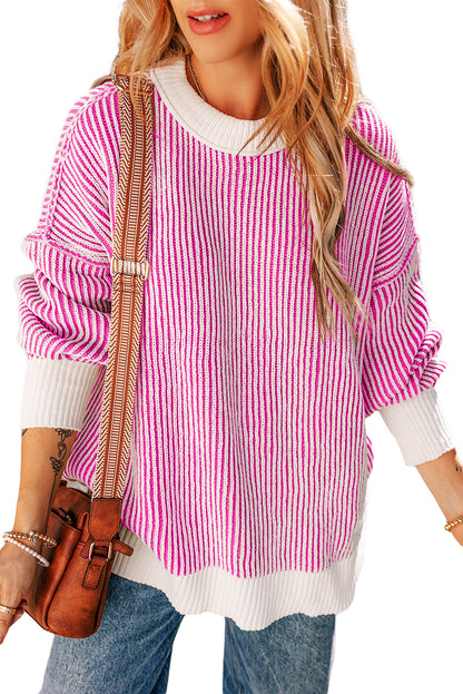 Chic bright pink striped loose-fit sweater with textured knit and contrast edges