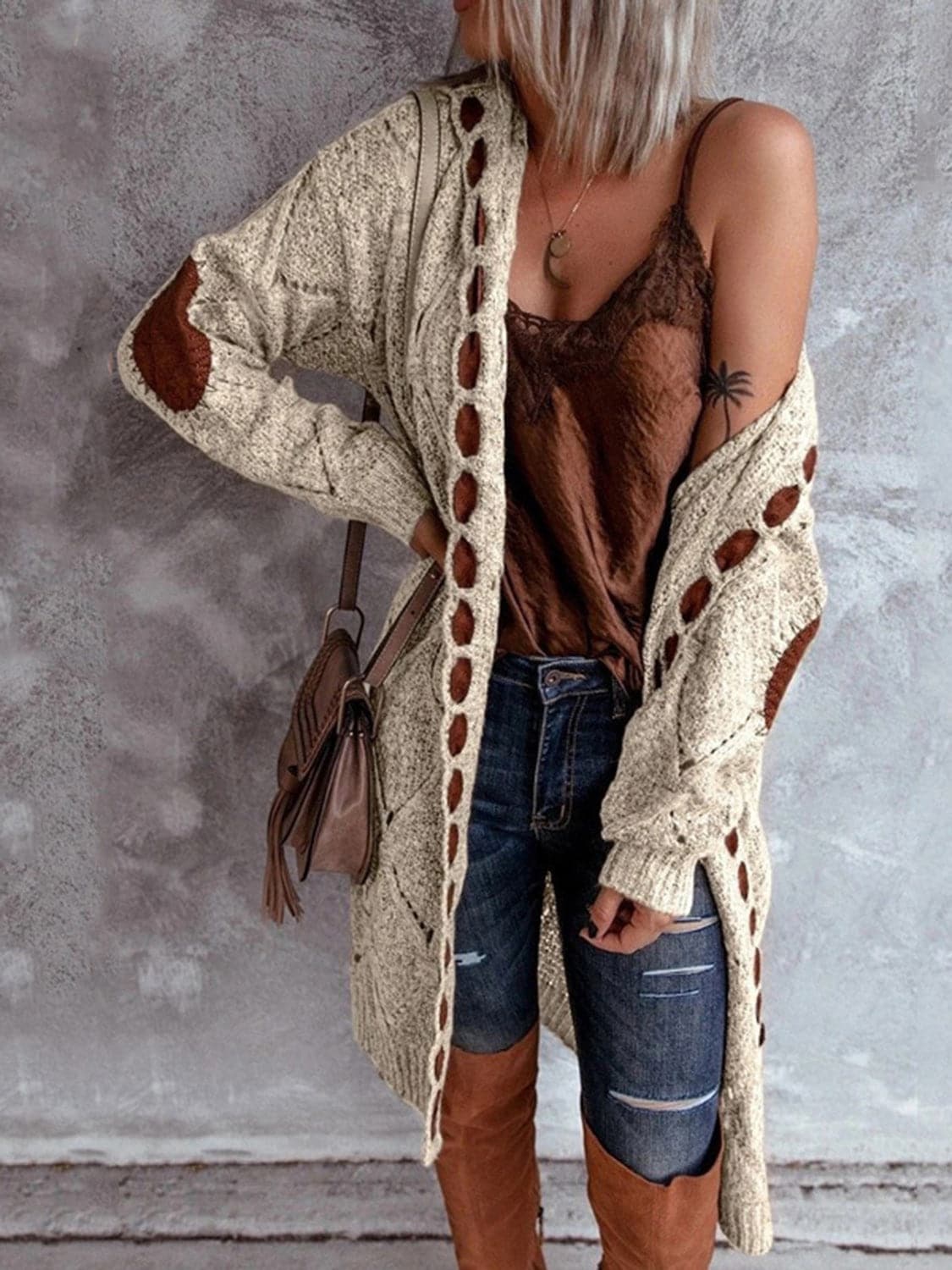 Openwork Long Sleeve Open Front Hooded Cardigan.