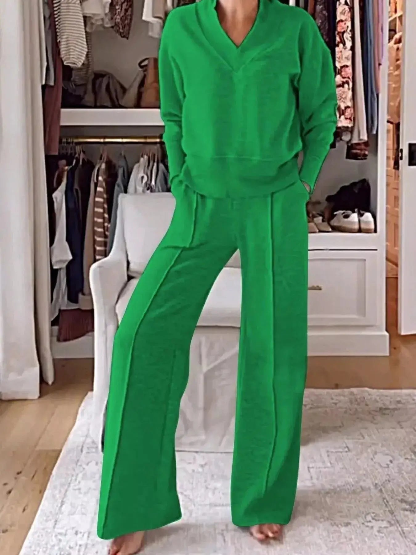 Full Size Cozy V-Neck Top and Pants Set Plus Size Simply Love