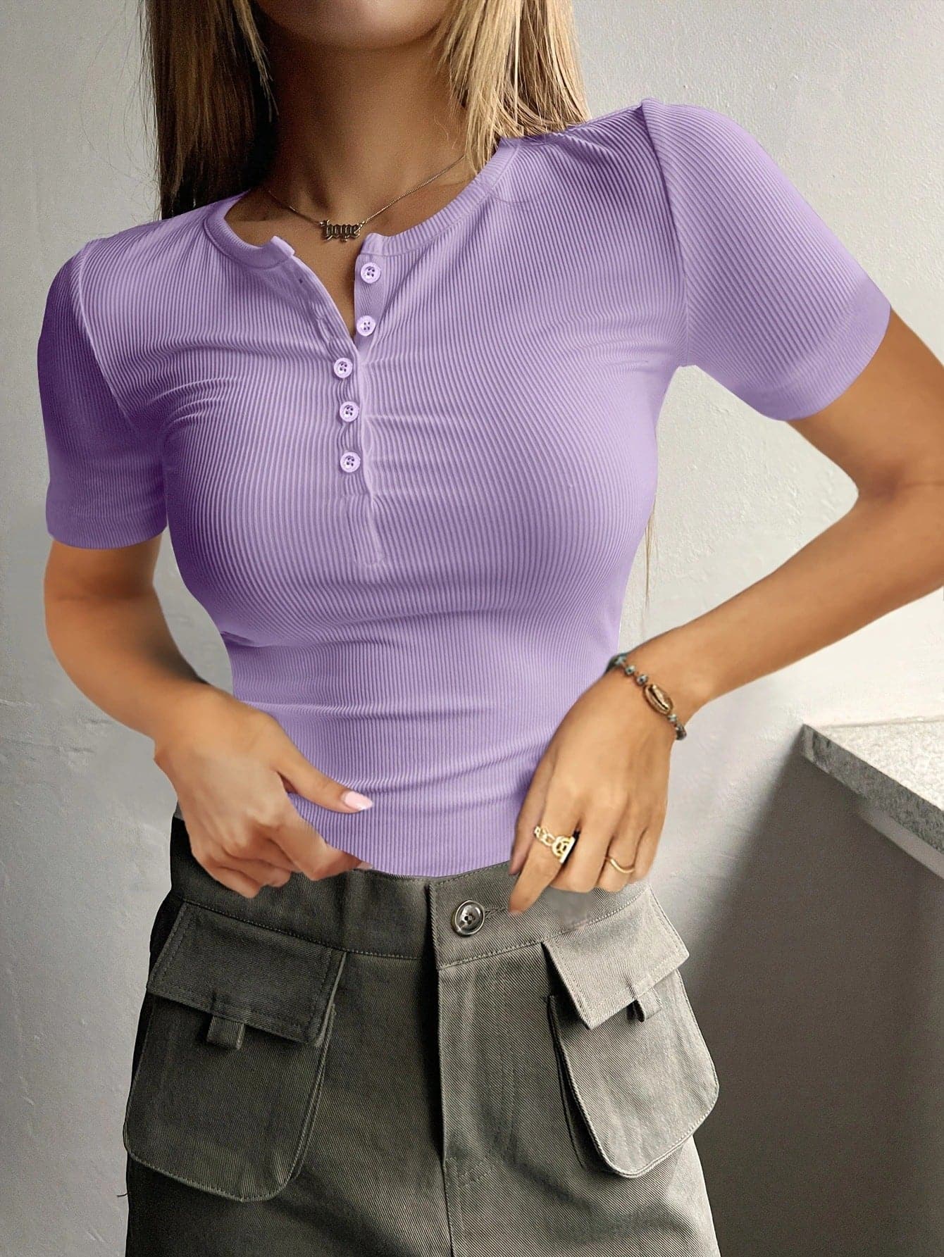 Round Neck Quarter Button Short Sleeve Top.