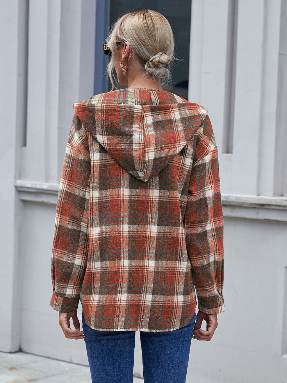 Plaid Button Up Long Sleeve Hooded Jacket.