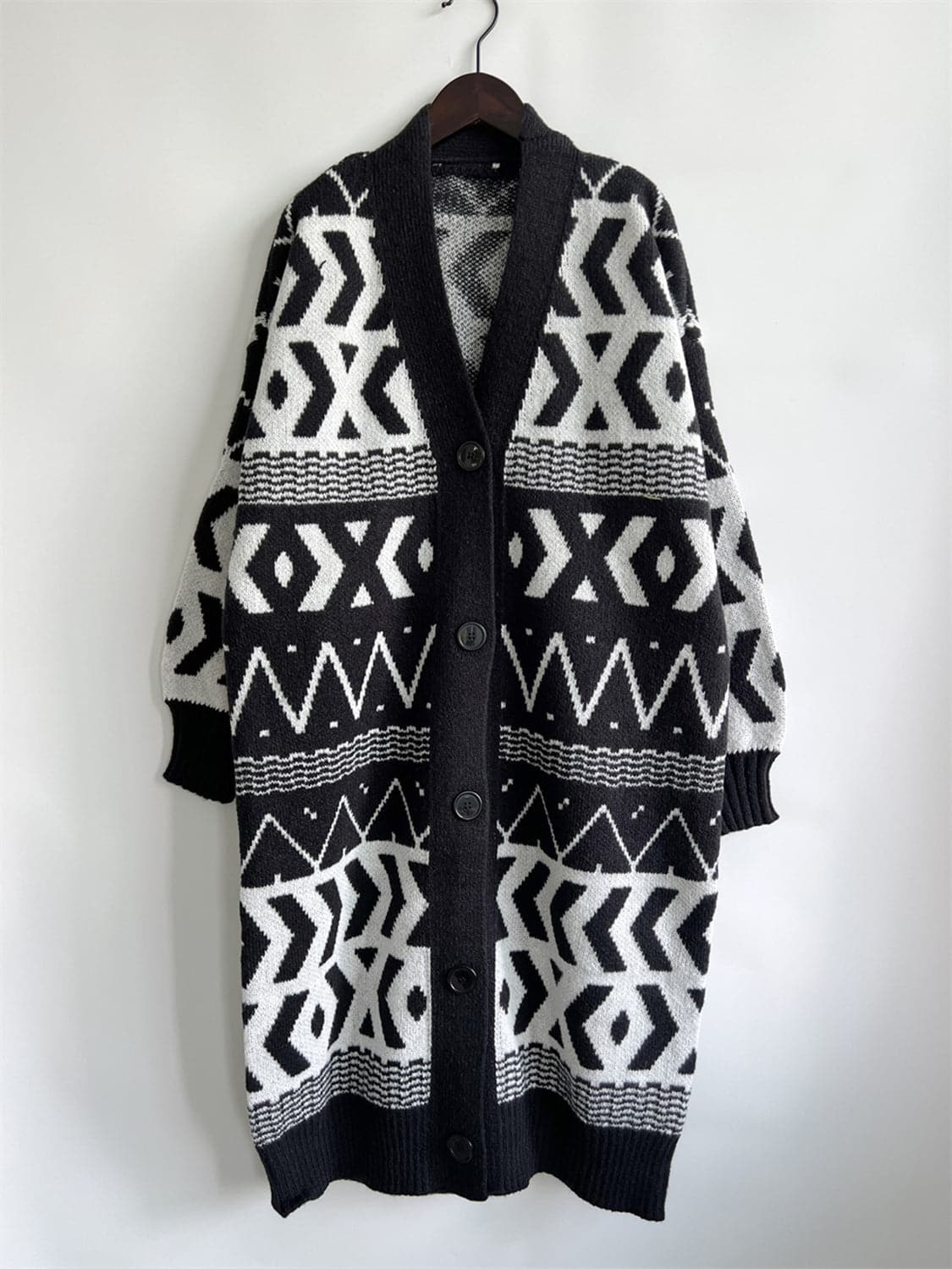 Geometric Button Front Longline Cardigan.