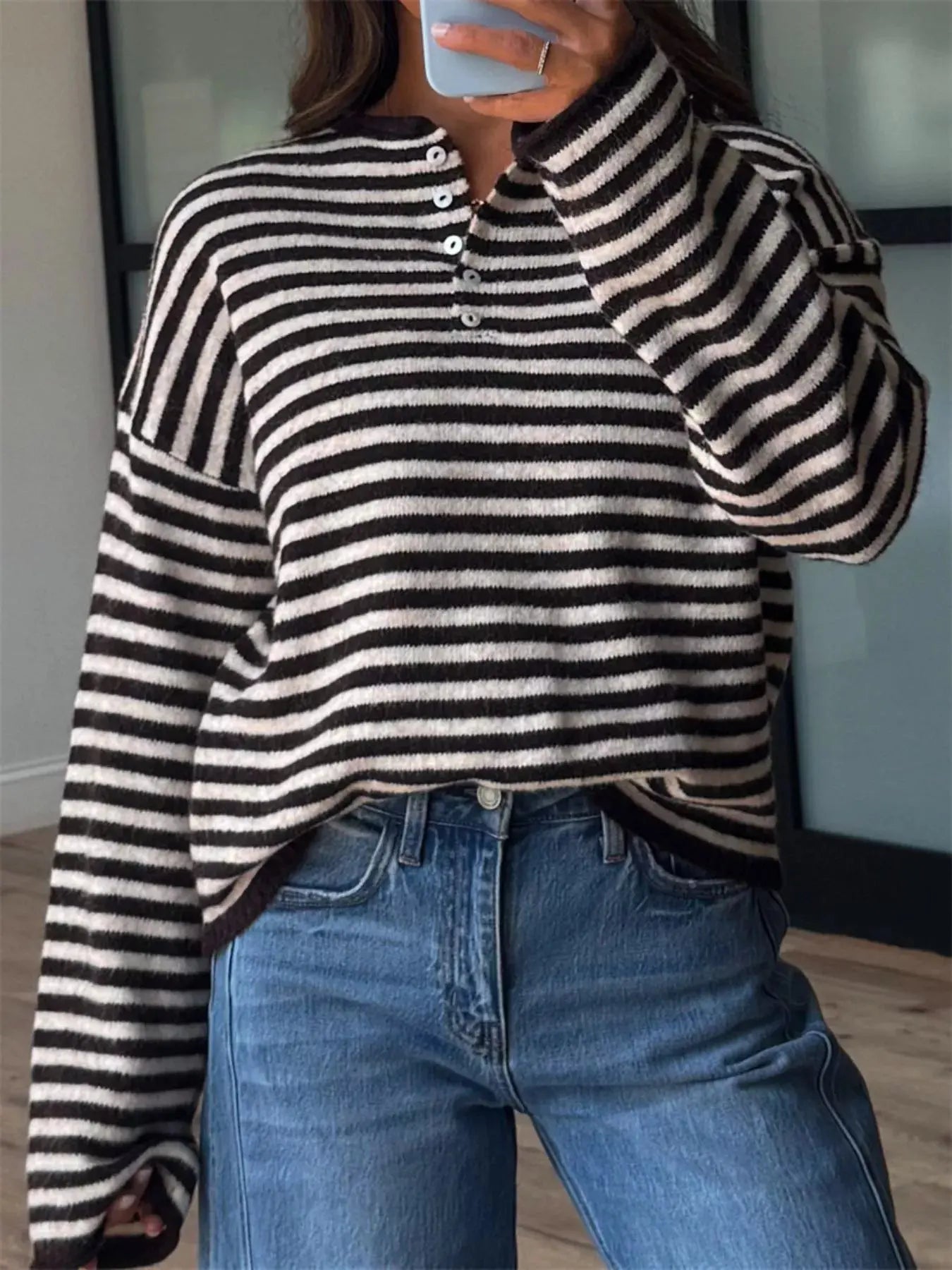 Button Detail Dropped Shoulder Striped Sweater Simply Love
