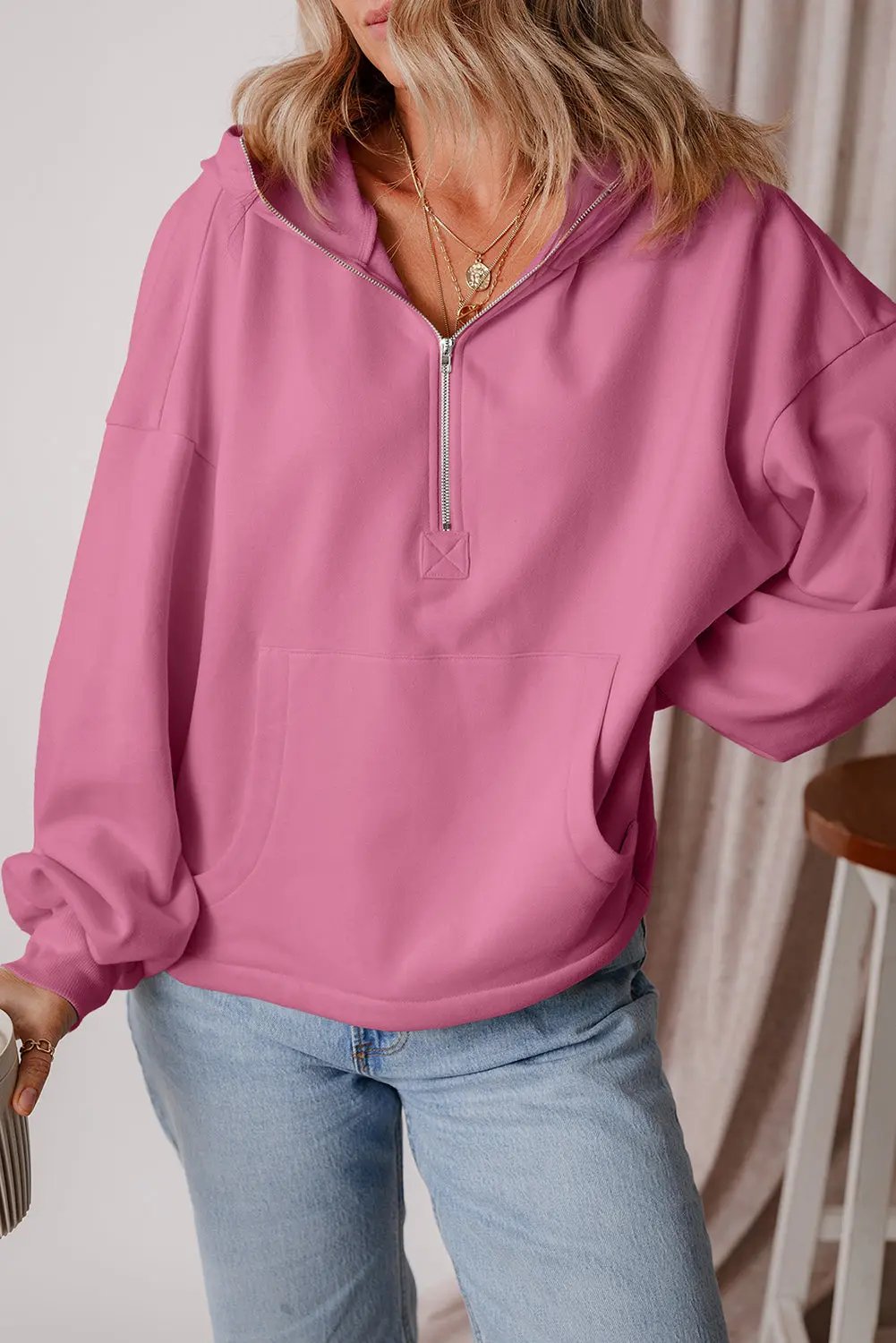 Kate Fleece Lined Half Zipper Hoodie with Kangaroo Pockets - Love Salve 