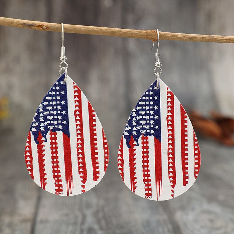 PU Leather US Flag Teardrop Shape Earrings.