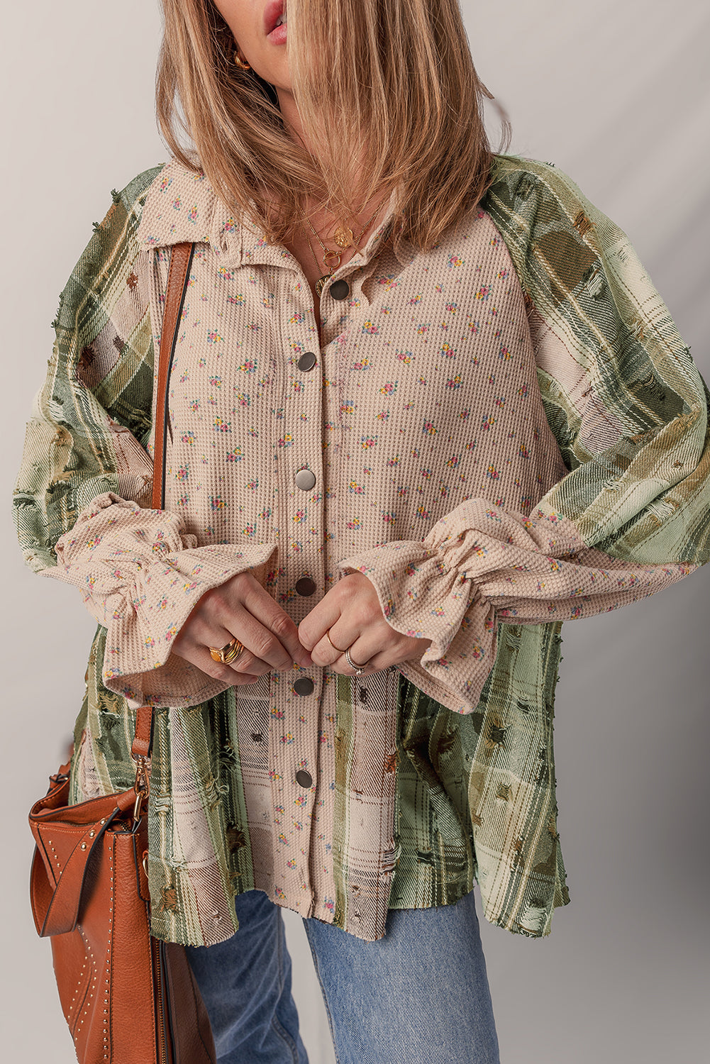 Mist Green Boho Floral Plaid Patchwork Distressed Detail Ruffled Sleeve Waffle Knit Shacket Dear-Lover Dropshipping