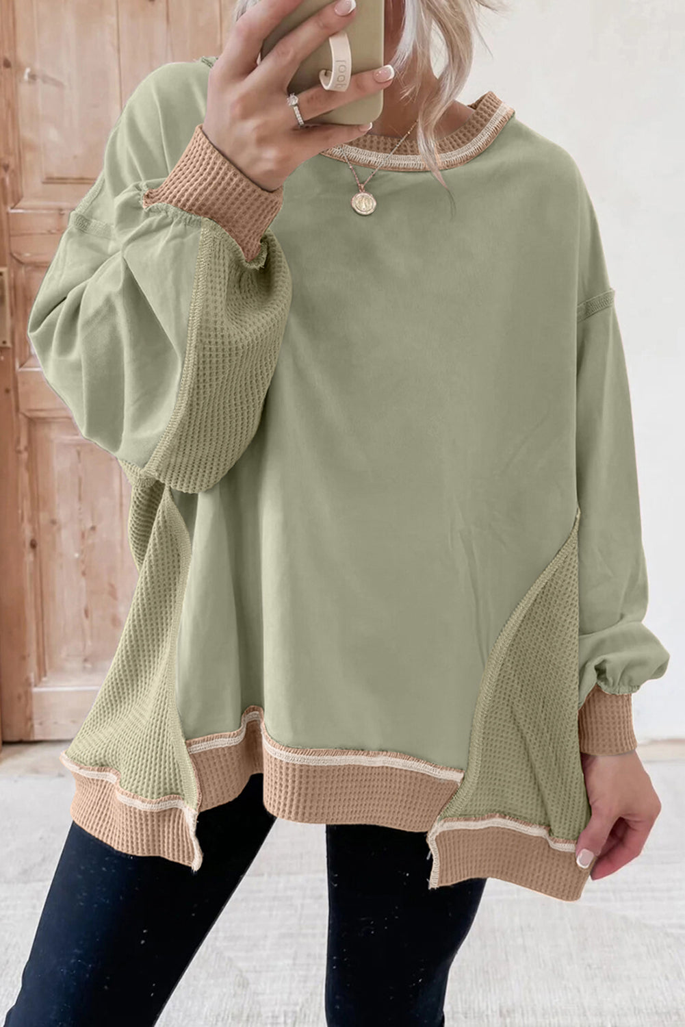 Smoke Green Color Block Patchwork Waffle Oversize Sweatshirt Dear-Lover Dropshipping