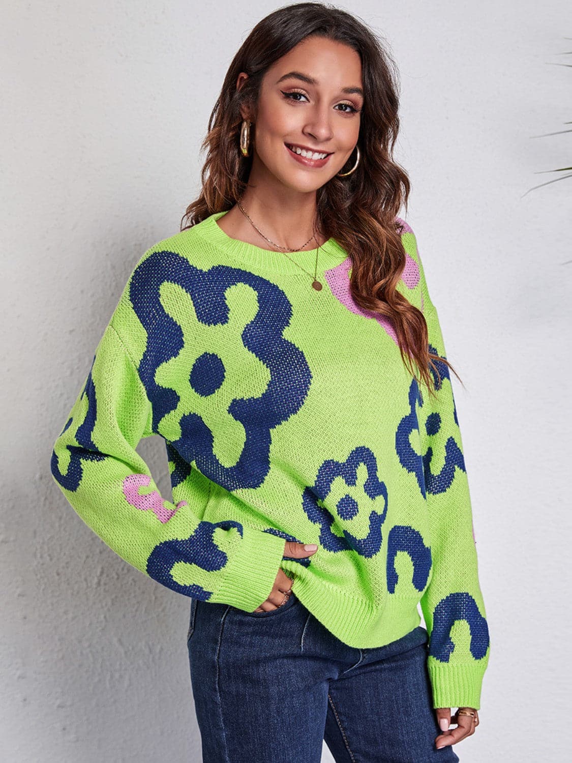 Flower Pattern Round Neck Long Sleeve Sweater.