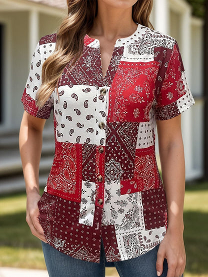 Printed Notched Short Sleeve Blouse.