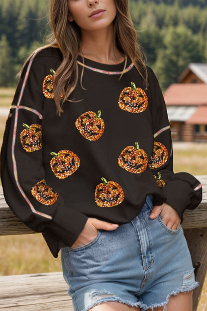 Sequin-embellished pumpkin graphic sweatshirt with long sleeves