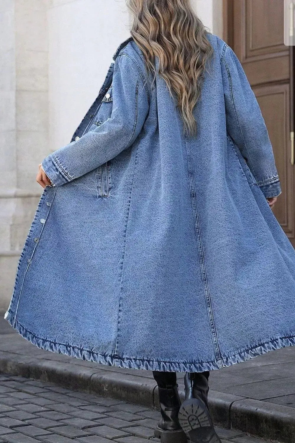 Longline Denim Jacket With Button Down Front And Chest Pockets Simply Love