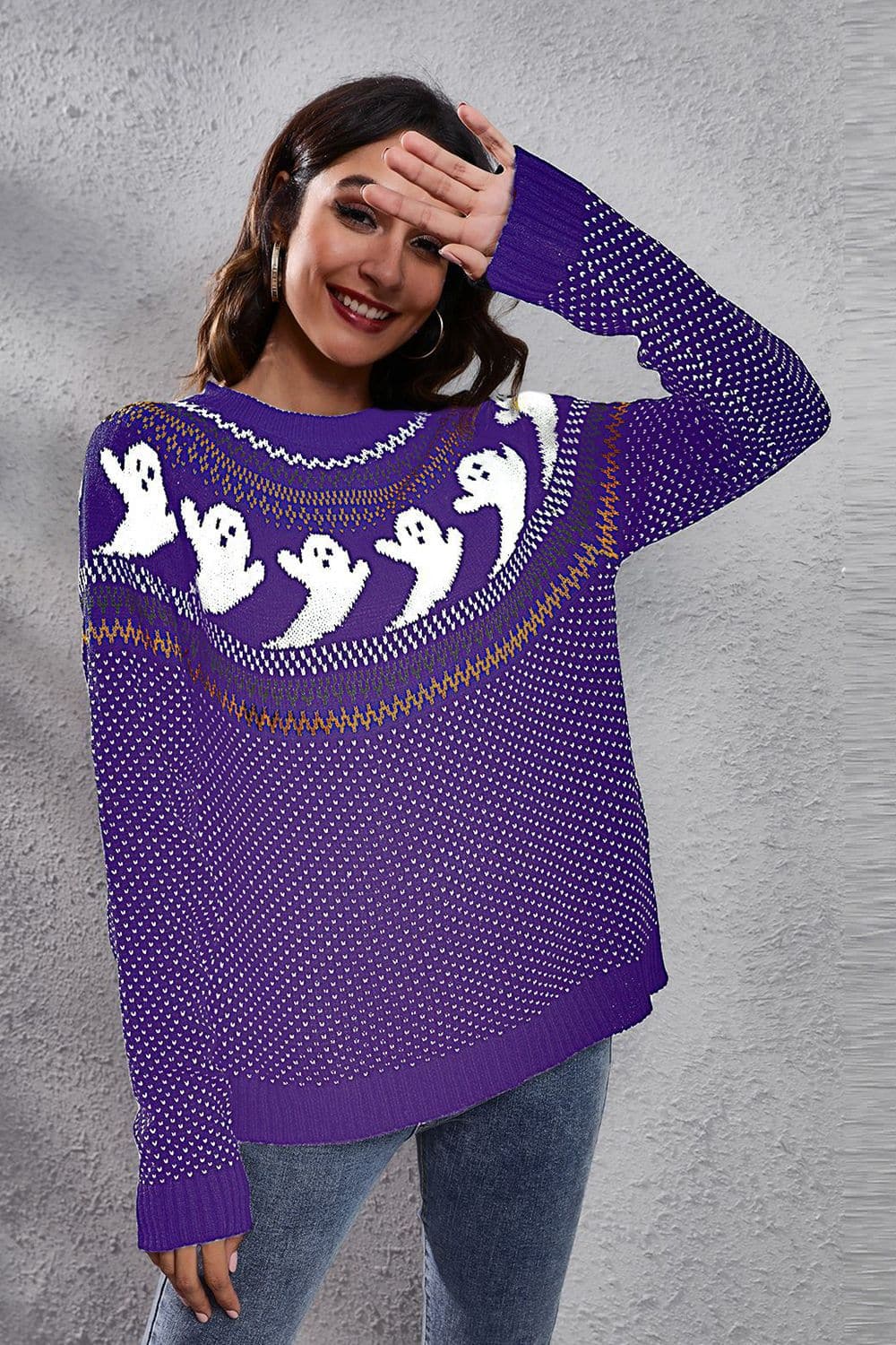 Chic ghost print long sleeve sweater with round neck