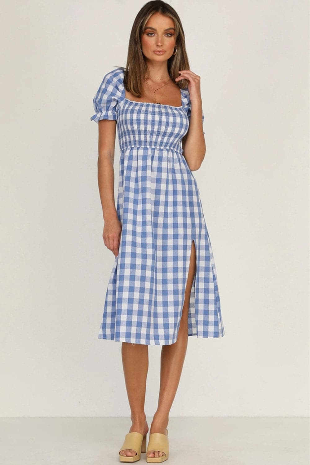 Full Size Slit Plaid Short Sleeve Midi Dress.