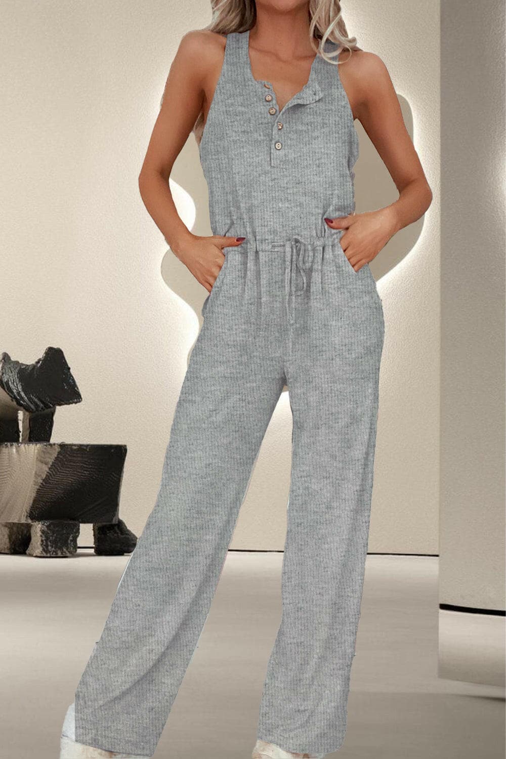 Drawstring Quarter Button Wide Strap Jumpsuit.