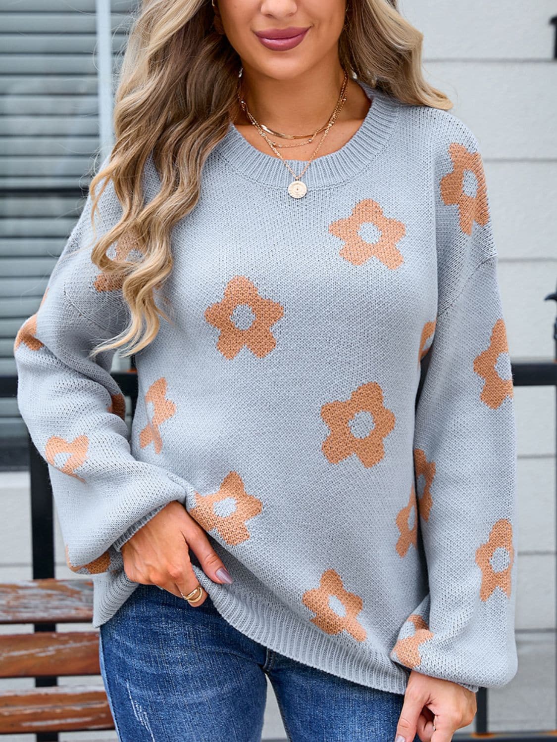 Cozy floral round neck oversized sweater