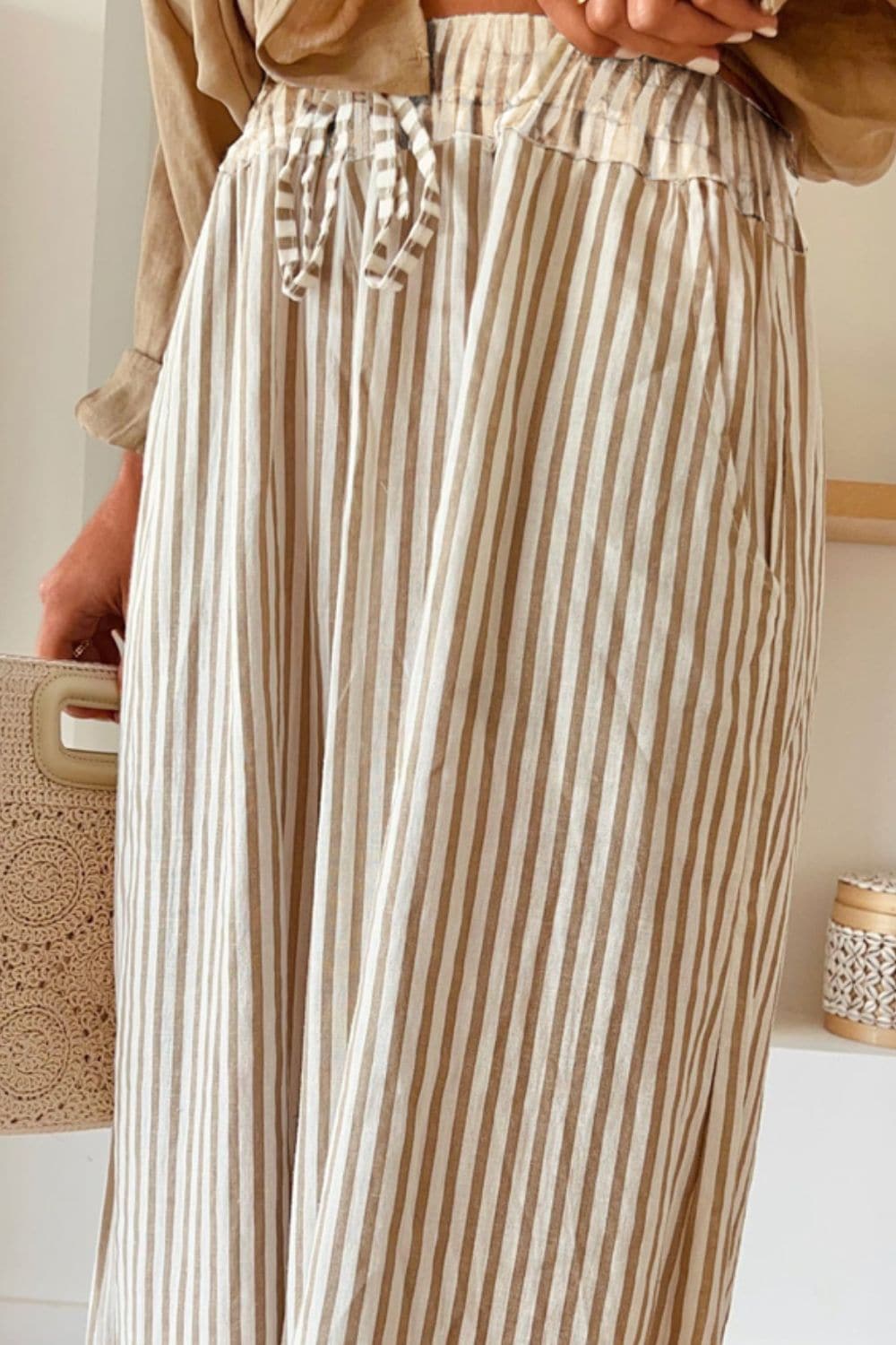 Pocketed Striped Wide Leg Pants.