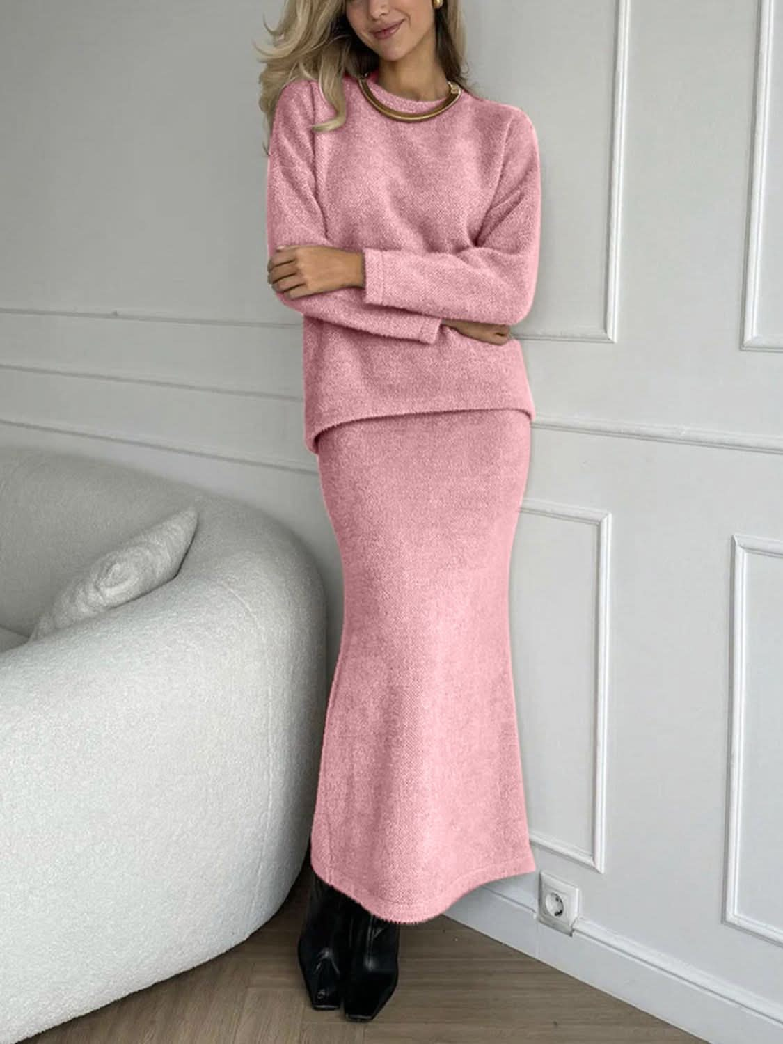 Casual Chic Round Neck Sweater Set with Midi Skirt