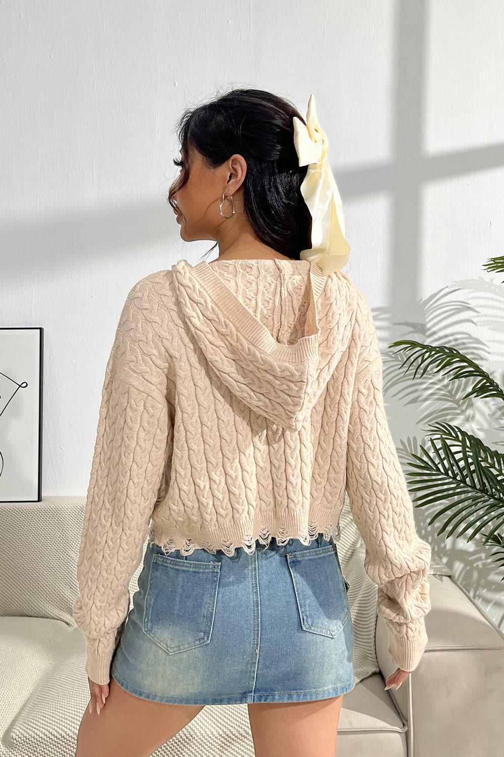 Cable-Knit Dropped Shoulder Hooded Sweater.