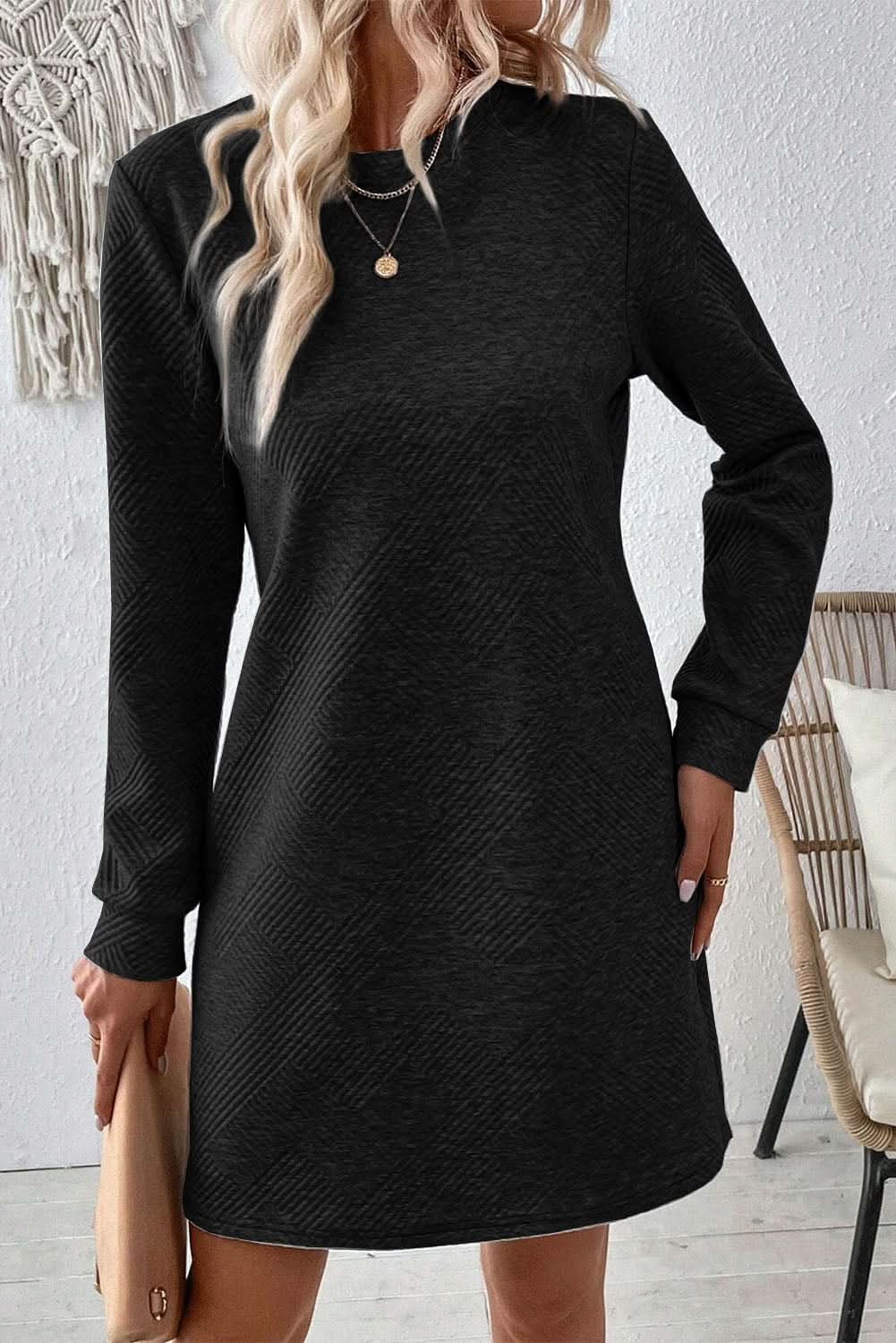 Textured long sleeve mini dress with round neck