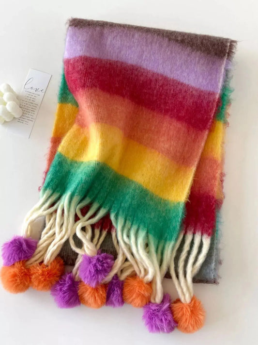 Rainbow Striped Fuzzy Scarf with Pom-Poms Simply Love