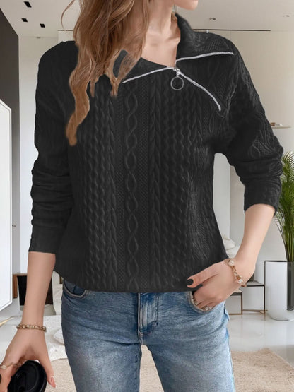 Oblique Zipper Collared Neck Long Sleeve Sweatshirt