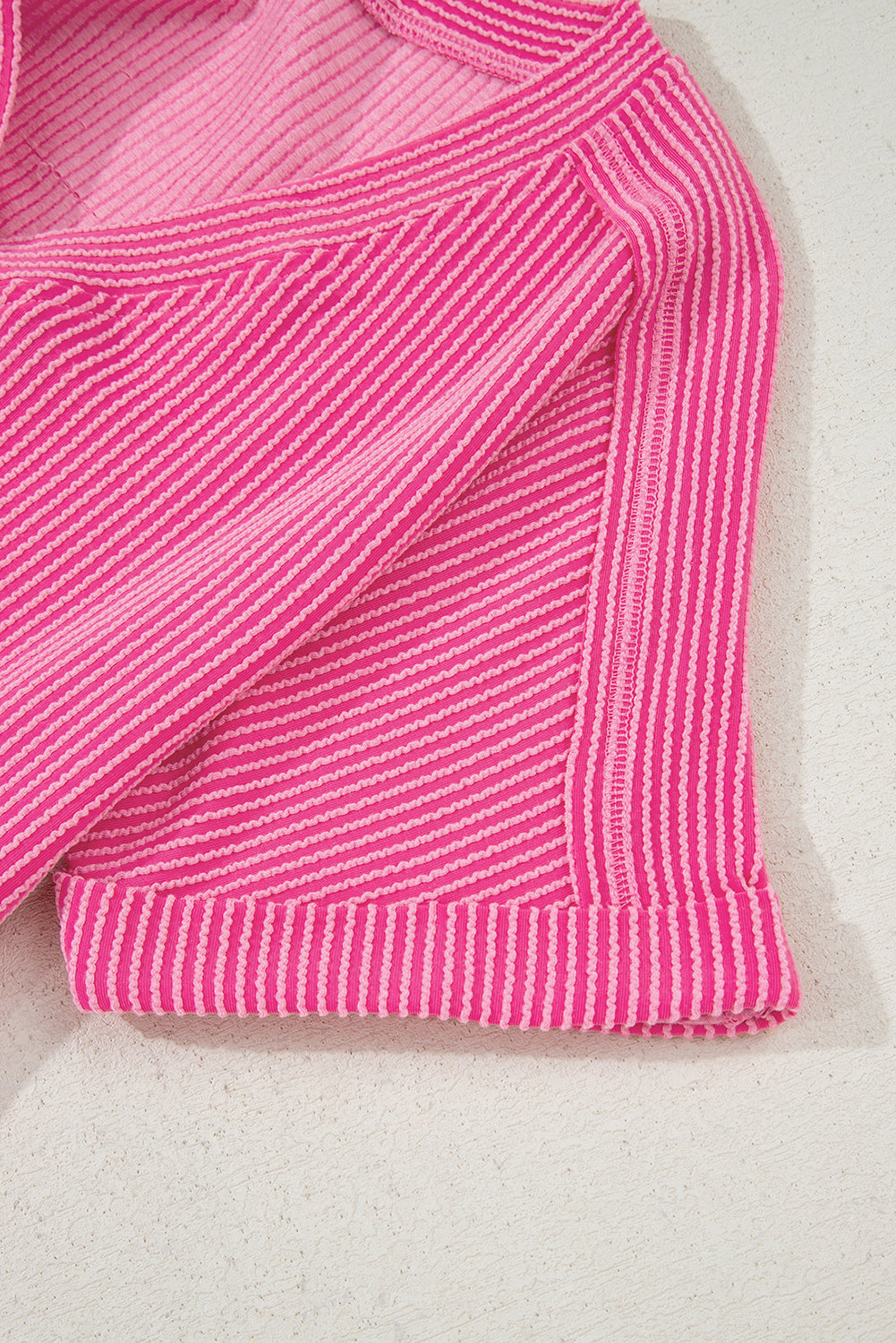 Bright Pink Spiral Ribbed Short Sleeve V Neck Buttoned Romper with Pocket Love Salve