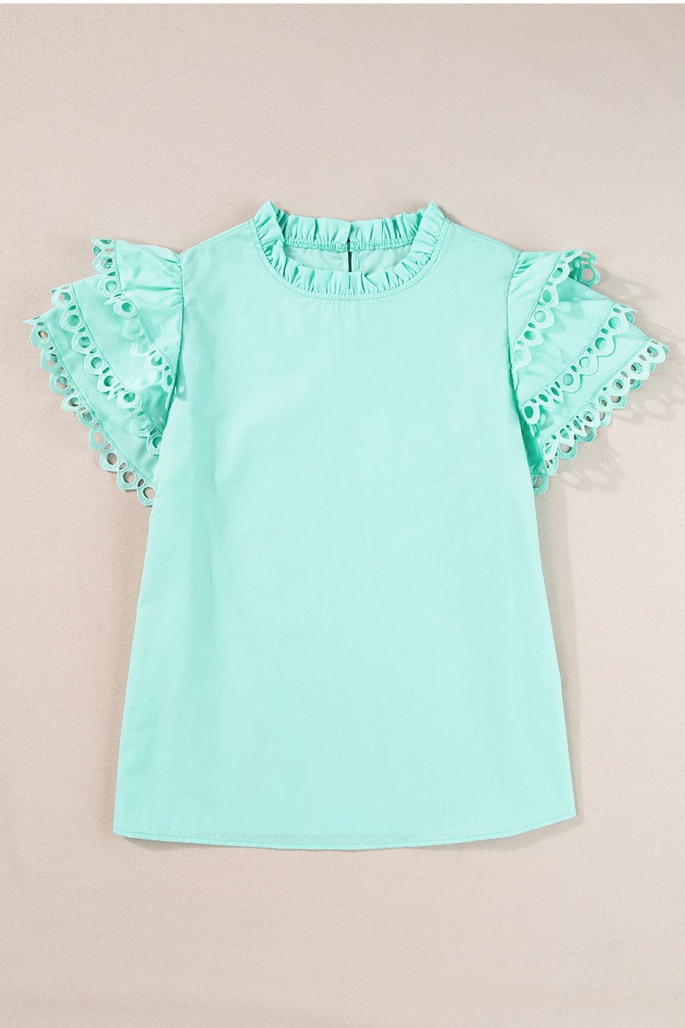 Ruffled Eyelet Round Neck Cap Sleeve Blouse.