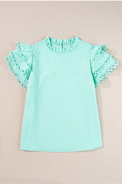 Ruffled Eyelet Round Neck Cap Sleeve Blouse.