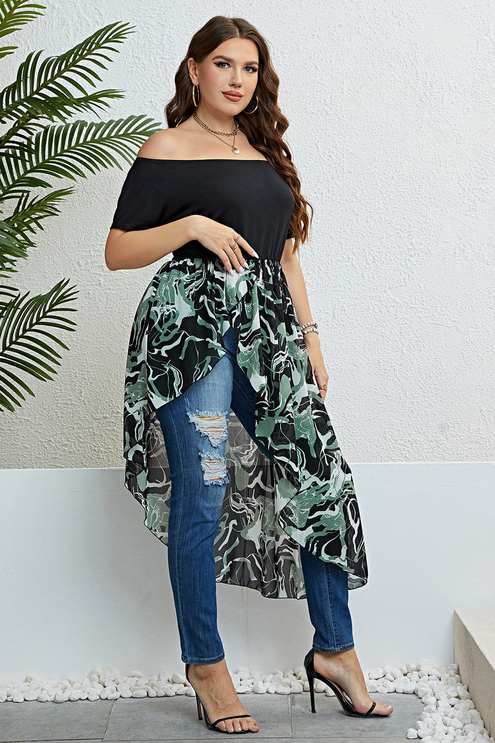 Plus Size Off-Shoulder Asymmetrical Hem Dress.