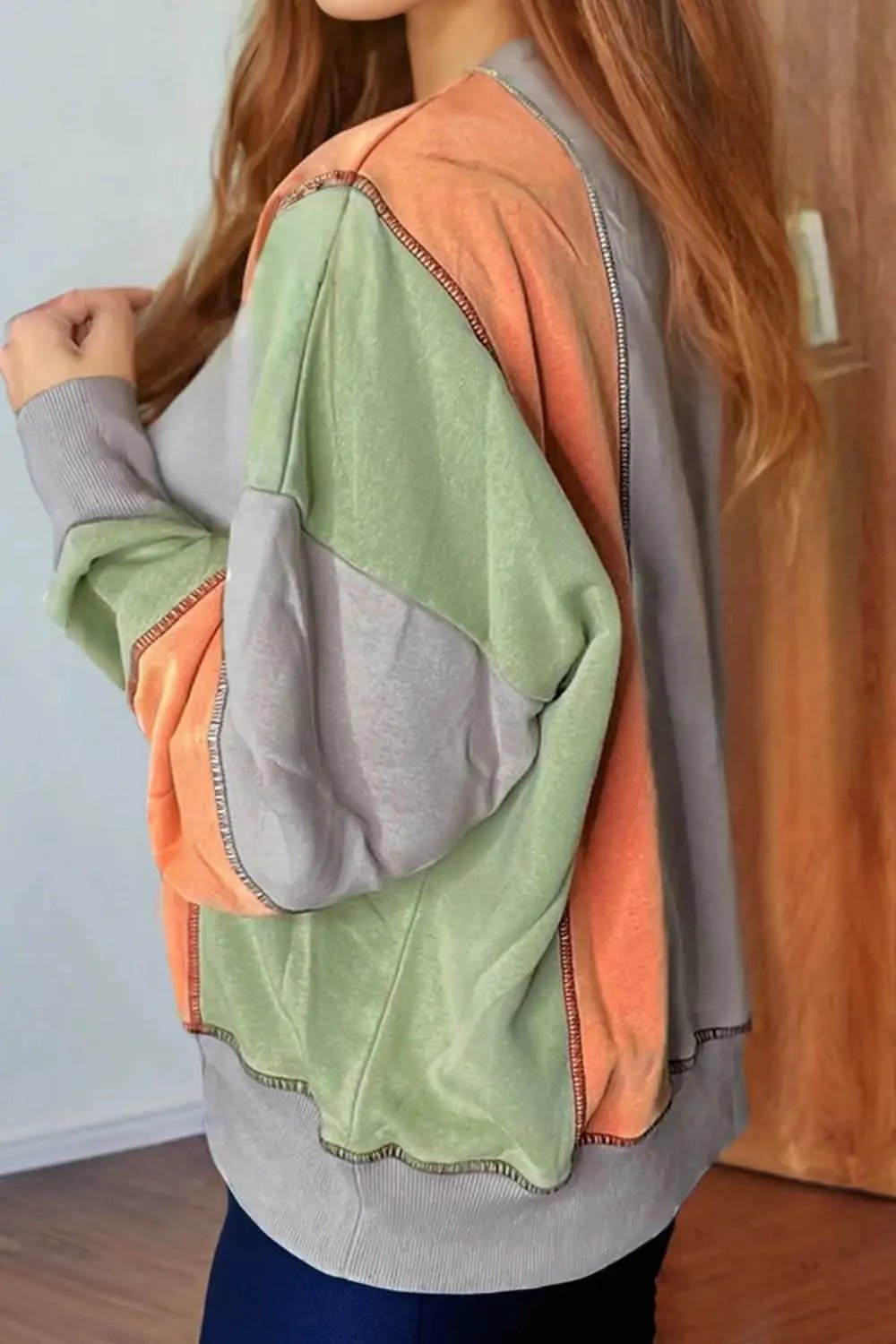 Full Size Exposed Seam Color Block Long Sleeve Sweatshirt - Love Salve 