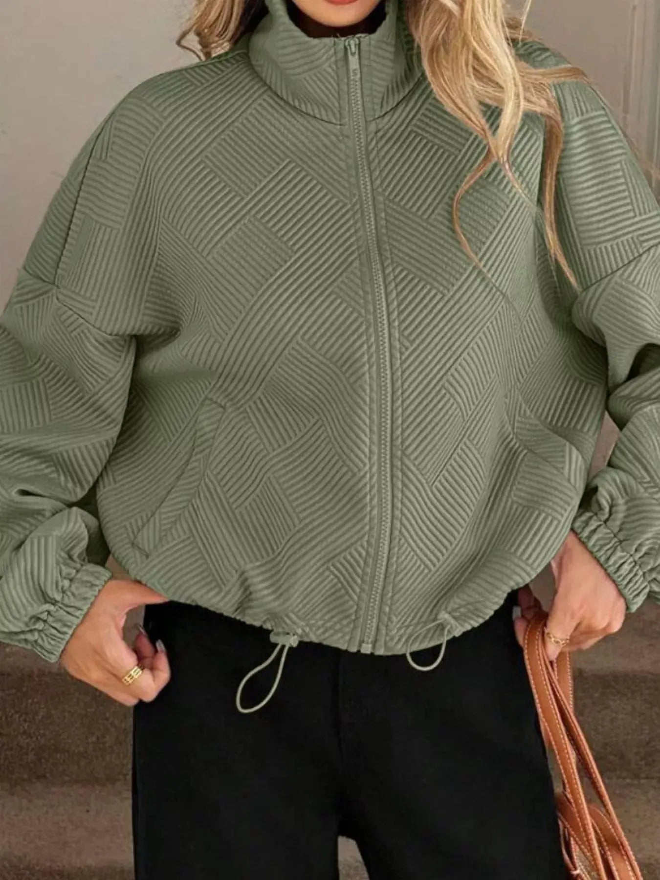 Textured Zip-Up Drawstring Hem Jacket Simply Love
